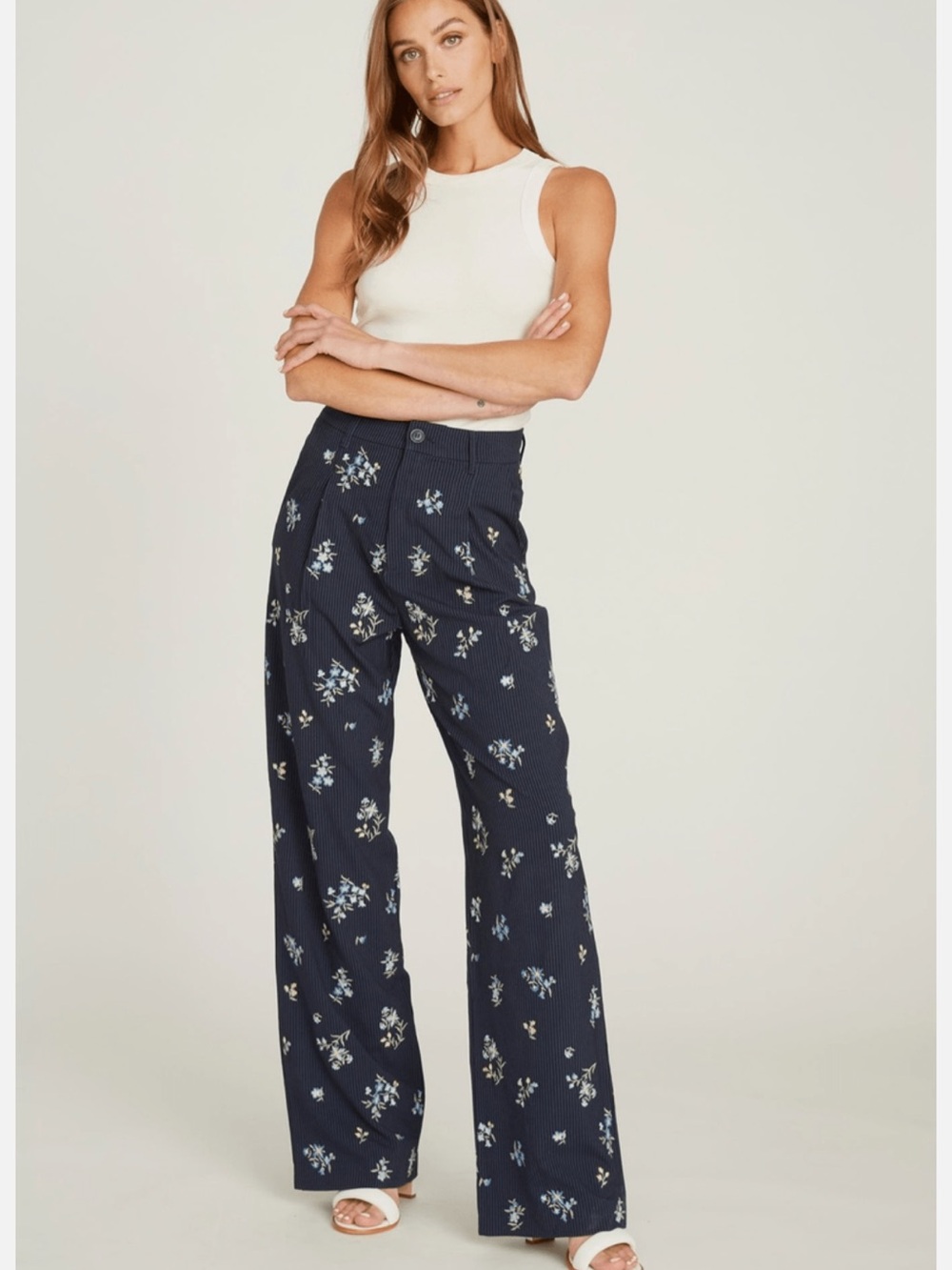 BOGO! Driftwood Nola Sky Pleated Pin Stripped Floral Embroidered Trouser Small